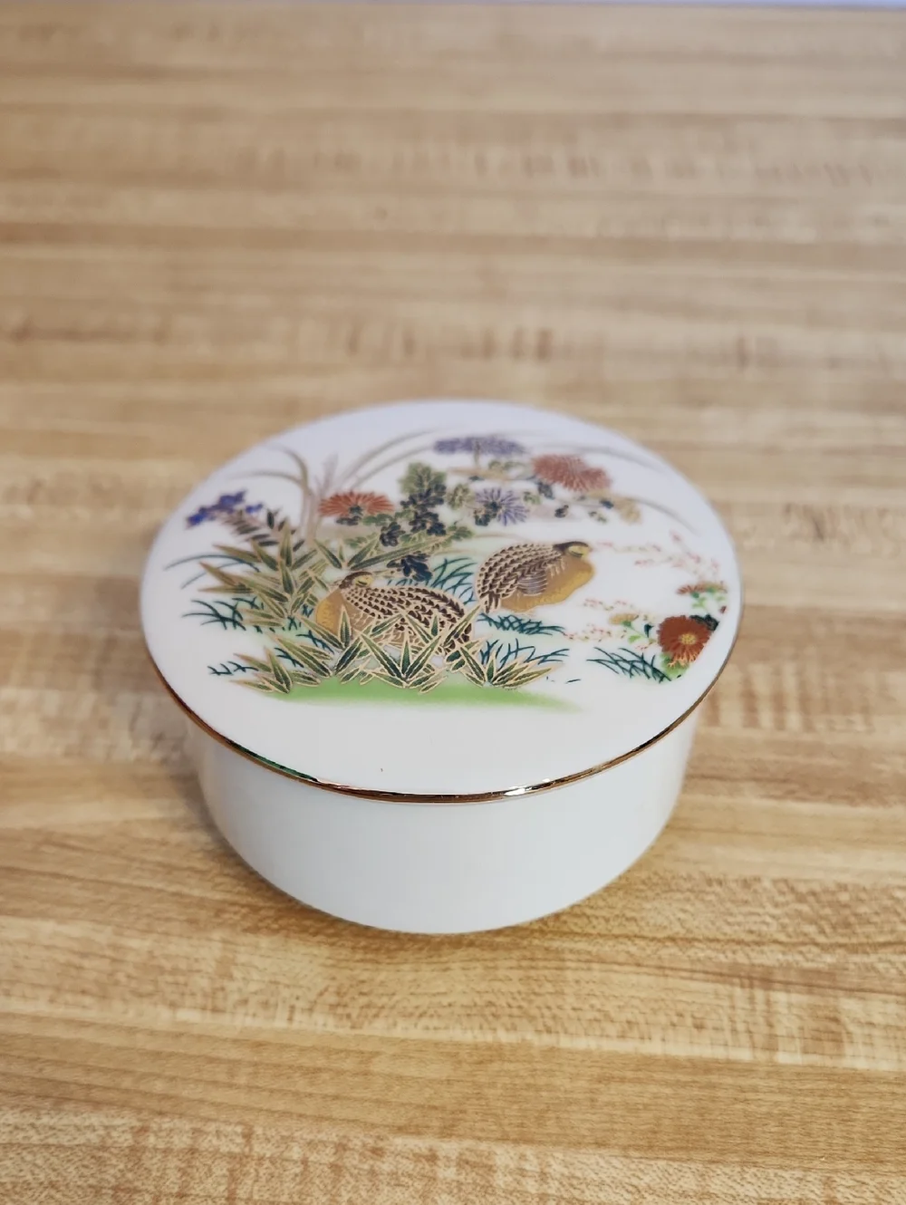 Japanese Porcelain Trinket Box with Quail and Floral Motif